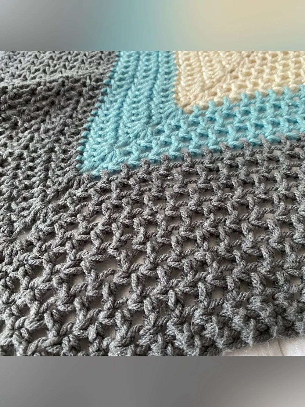 Vintage Throw Blanket Handmade Crochet Afghan 51x55 Coastal Grandma Blue Gray
